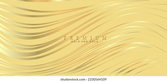 Luxury gold background. Gold lines pattern on beige color background. Wavy stripes metallic effect. Premium design, elegant banner, deluxe invitation.