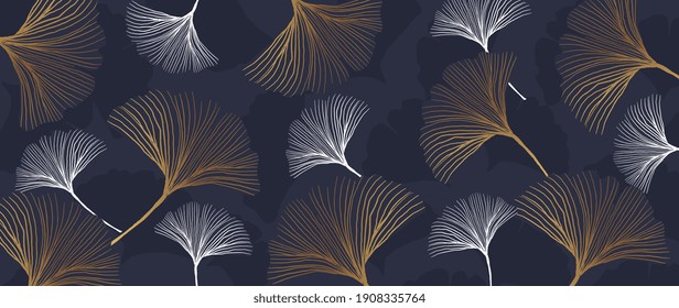 Luxury Gold background pattern vector. Golden and white Ginkgo line arts on dark Background. Vector illustration