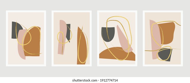 Luxury gold background wall art vector set. Hand drawn watercolours brush art design with golden texture. Design for wall framed prints, canvas prints, poster, home decor, cover, wallpaper.