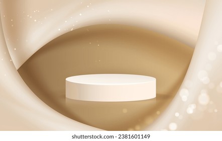 Luxury gold background with white podium and blurred fluid lines wall. Golden stage platform for display cosmetic sale product in fashion studio vector.