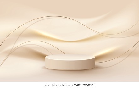 Luxury gold background with white podium and blurred fluid lines wall. Cream stage platform for display cosmetic sale product in fashion studio vector.
