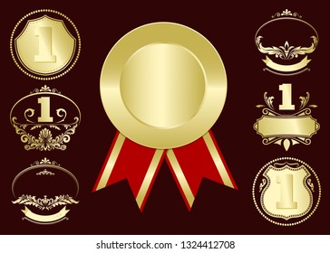 Luxury gold badges and sports medals with beautiful red bow for  premium quality product in vintage style, vector illustration