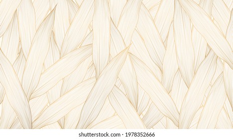 Luxury gold bamboo leaves on a white background. Golden leaves line arts design. Textile and wallpaper composition, hand drawn style print. Vector illustration