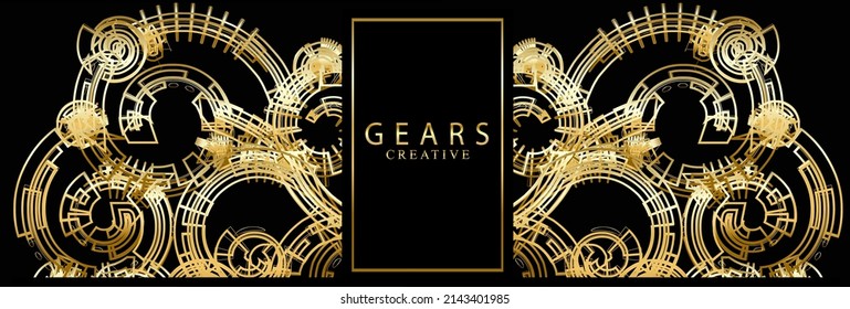 Banner dorado de lujo. Estructura de líneas, artes dorados sobre fondo negro. Elegante patrón de estilo industrial con marco dorado para el logotipo.