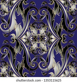Luxury gold Baroque vector seamless pattern. Ornamental dark blue patterned background. Ornate repeat elegant backdrop. Vintage floral Damask ornament in baroque Victorian style. For wallpaper, fabric