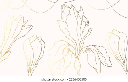 Luxury gold and beige background with plants. Flower outline. Iris. Hand drawn. Minimal art. Vector art