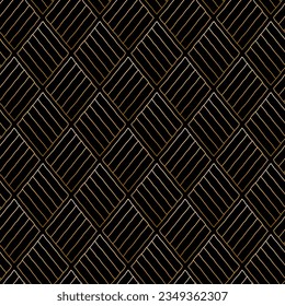 Luxury gold and black abstract geometric seamless pattern. Striped diamond, rhombus tiles on black background. Dainty contour backdrop ornament 