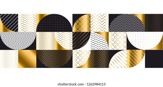 Diseño abstracto de oro y negro de lujo para cabecera, tarjeta, invitación, afiche. Ilustración vectorial con formas geométricas, cuadrados y círculos. El mosaico y los mosaicos inspiran el diseño elegante.