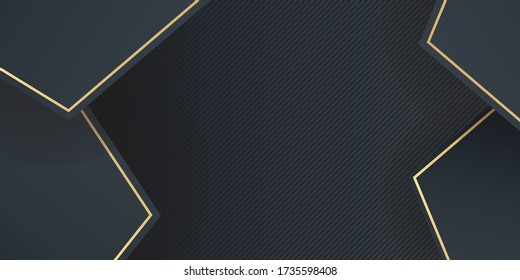 Luxury gold and black background, abstract decoration, golden pattern, halftone gradients, 3d vector illustration. Golden lines cover template, geometric shapes, modern minimal banner