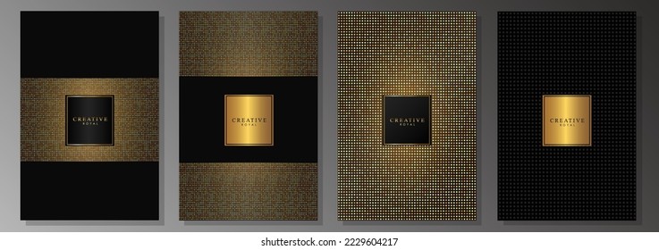 Luxury gold and black cover set. Bright gold dots on black background. Brochure, royal vector template for elegant events, invitations, business cards, prestigious concept.