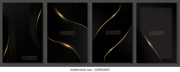 Fundas doradas y negras de lujo. Diseño moderno, líneas doradas onduladas y resplandecientes sobre fondo oscuro degradado. Diseño elegante para negocios, eventos de lujo, invitaciones.