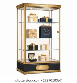 Luxury gold and black display case showcasing wrapped gifts and jewelry