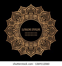 Luxus goldener schwarzer Rahmen Vektorgrafik. Islamisches Paisley mandala königliches Muster. Indisches Design für Ramadan-Karte, Weihnachtsschmuck, Neujahr Urlaub, Schönheitssalon, Hochzeitsfeier Einladung.