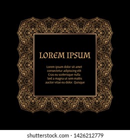 Luxury gold black frame vector. Filigree mandala royal pattern. Art deco design for holiday card, Christmas, New year party, beauty spa salon, wedding invitation.
