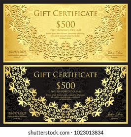 Luxury gold and black gift certificate with rounded lace decoration and vintage background