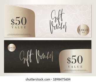 Luxury Gold Black Gift Voucher Template Set With Gentle Floral Background.