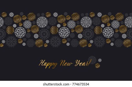 Luxury gold and black header template. Christmas decorative snowflake background. Vector illustration with new year snow for xmas card, invitation, surface design. 