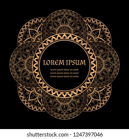 Luxury gold black mandala frame vector. Ethnic royal pattern. Golden art deco design for Christmas ornament, new year holiday card template, beauty spa salon flyer, wedding party invitation.