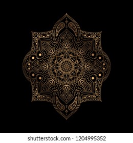 Luxury gold black mandala vector. Ethnic royal pattern snowflake. Filigree design for Christmas ornament, new year holiday card template, beauty spa salon decor, wedding party invitation.