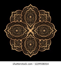 Luxury gold black mandala vector. Ethnic royal pattern snowflake. Oriental paisley design for Christmas ornaments, holiday card decoration, beauty spa salon or yoga studio decor, wedding invitation.