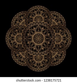 Luxury gold black mandala vector. Ethnic royal pattern snowflake. Oriental filigree design for Christmas ornaments, holiday card decoration, beauty spa salon or yoga studio decor, wedding invitation.