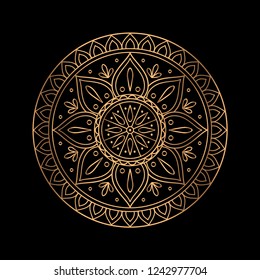 Luxury gold black mandala vector. Ethnic royal pattern snowflake. Golden sun design for Christmas ornaments, holiday card decoration, beauty spa salon or yoga studio decor, wedding invitation.