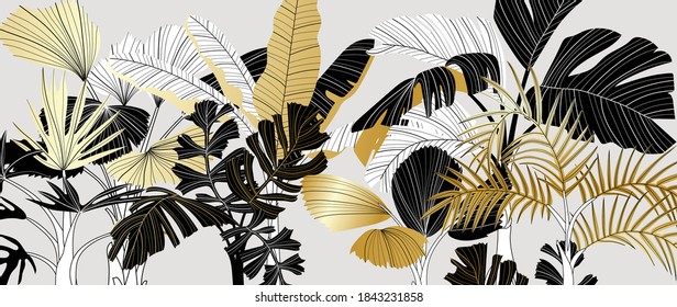 Luxury gold and black tropical plant background vector. Floral pattern with golden tropical palm, coconut tree, split-leaf Philodendron plant ,Jungle plants line art on white background.