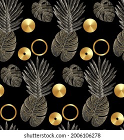 Luxury gold and black tropical plant seamless background vector. Floral pattern with golden tropical palm, monstera leaf, exotic plant, Jungle plants, shiny line art on black background