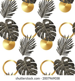 Luxury gold and black tropical plant seamless background vector. Floral pattern with golden tropical palm, monstera leaf, exotic plant, Jungle plants, shiny line art on white background