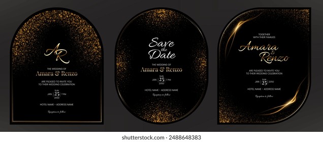 Luxury gold and black wedding card invitation template, Elegant frame border card decorated with glittering gold bokeh