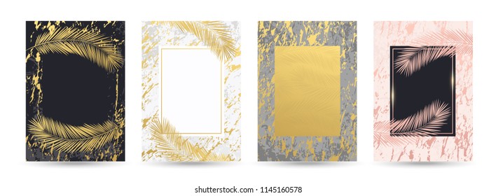 Luxury gold, black, white, grey, rosa, pink marble backgrounds, cards, invitation set with golden palm leaves and premium design. Wedding, birthday, summer, leaf pattern templates, geometric frames