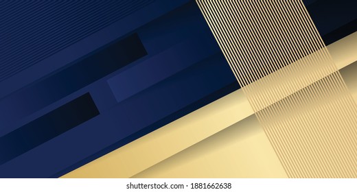 Luxury gold and blue background, abstract decoration, golden pattern, halftone gradients, 3d vector illustration. White, navy, gold lines cover template, geometric shapes, modern minimal banner