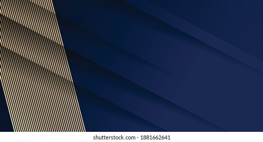 Luxury gold and blue background, abstract decoration, golden pattern, halftone gradients, 3d vector illustration. White, navy, gold lines cover template, geometric shapes, modern minimal banner