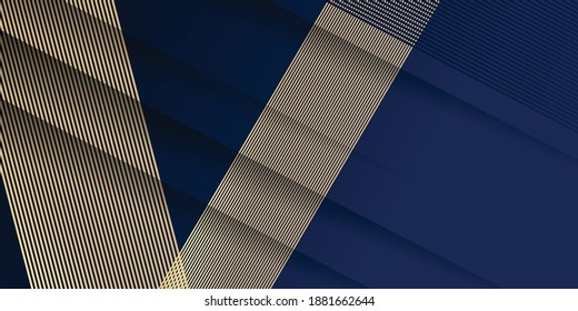 Luxury gold and blue background, abstract decoration, golden pattern, halftone gradients, 3d vector illustration. White, navy, gold lines cover template, geometric shapes, modern minimal banner