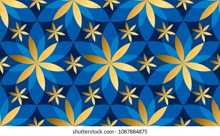 luxury gold and blue floral geometric seamless pattern. abstract concept floral asia-style repeatable motif for background, fabric, wrapping paper. floral stock vector illustration. 