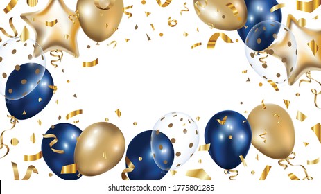 Luxury Gold and Blue foil balloons with confetti in white background vector.  3d realistic vector illustration for anniversary, birthday, sale and promotion,  party design element. 