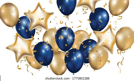 Globos de oro y azul de lujo con confeti en un vector de fondo blanco.  3d ilustración vectorial realista para aniversario, cumpleaños, venta y promoción, elemento de diseño de fiesta. 