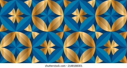 Patrón transparente de oro y geometría azul de lujo para el diseño de fondo, tela, textil, envoltura, superficie, web e impresión. Relación vectorial de mosaico en colores elegantes. Mosaico moderno. 