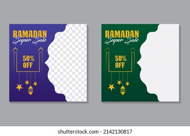 Luxury gold, Blue, Green Ramadan Kareem discount sale social media post banner ads. Square flyer design template