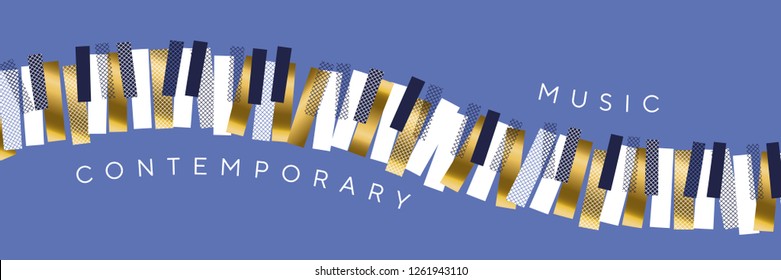 Luxury gold and blue invitation for music concert, Classic piano keyboard in wave dynamic shape. Elegant urban modern design element for music and dance projects.