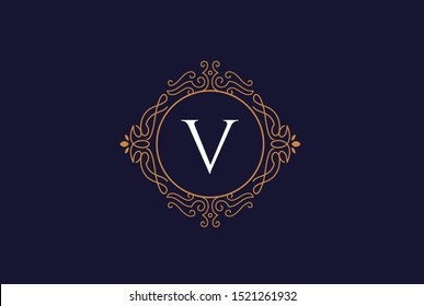 Luxury gold and blue logo design template vector illustration for Restaurant, Royalty, Boutique, Cafe, Hotel, Heraldic, Jewelry and Fashion. Ornament shapes for logotype or badge design.