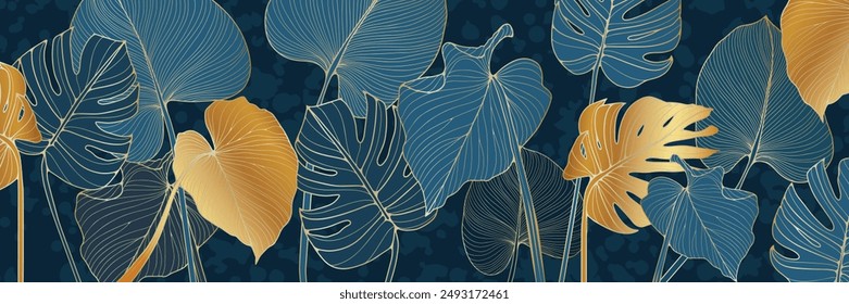 Luxury gold and blue nature vector background. Floral pattern, philodendron plant with golden split leaves with monstera plant line art, vector illustration.