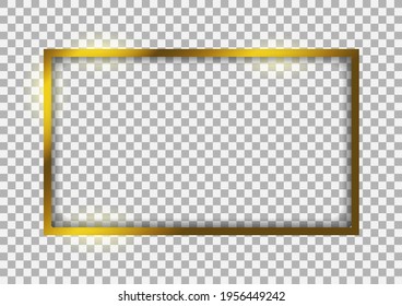 Luxury gold border with shadows isolated on transparent vector background. Glowing rectangle frame graphic mock up template. 