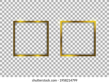 Luxury gold border with shadows isolated on transparent vector background. Two glowing square frame graphic mock up templates. 