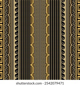 El oro de lujo bordea el patrón sin fisuras con meandros clave griegos, olas, puntos, líneas en zigzag, rayas, laberintos. Fondo ornamental del borde del Vector. Repite los adornos modernos. Textura ornamentada sin fin.