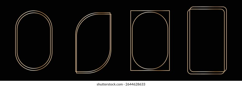 luxury gold borders for for wedding invitation. golden geometric frames in art deco style. thin line oval and rectangle set for invitation decoration. vector illustration isolated on black background.