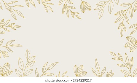 Luxuriöser goldener botanischer Rahmenhintergrund mit minimalistischer floraler Linienkunst, eleganter Blattrand für Hochzeitseinladung und Premium-Branding.