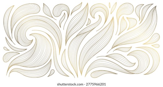 Luxury gold botanical pattern, elegant line leaves, floral elements. Tropical vector design, Japanese ornament, Art Deco, Nouveau style, vintage aesthetic. Wallpapers, fabric print, tea packaging