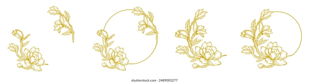 Luxury gold botanical wedding frame elements. Set of round shapes, magnolia flowers, magnolia leaves and branches. Elegant foliage design for wedding, cards, invitations, congratulations