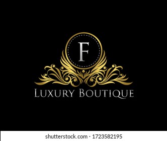 Luxury Gold Boutique Logo Vector Design. Premium Golden Bagde F Letter Icon. 